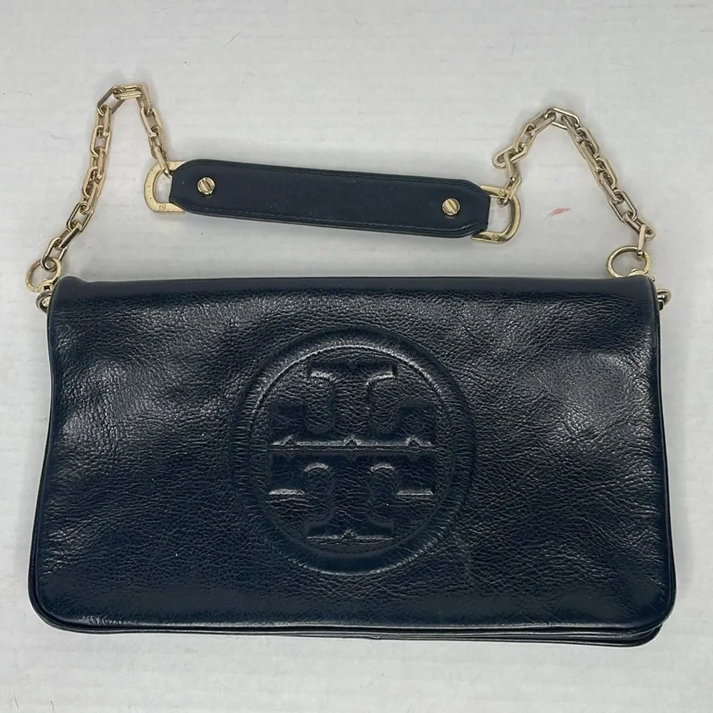 Tory Burch Reva black leather chain shoulder clutch bag